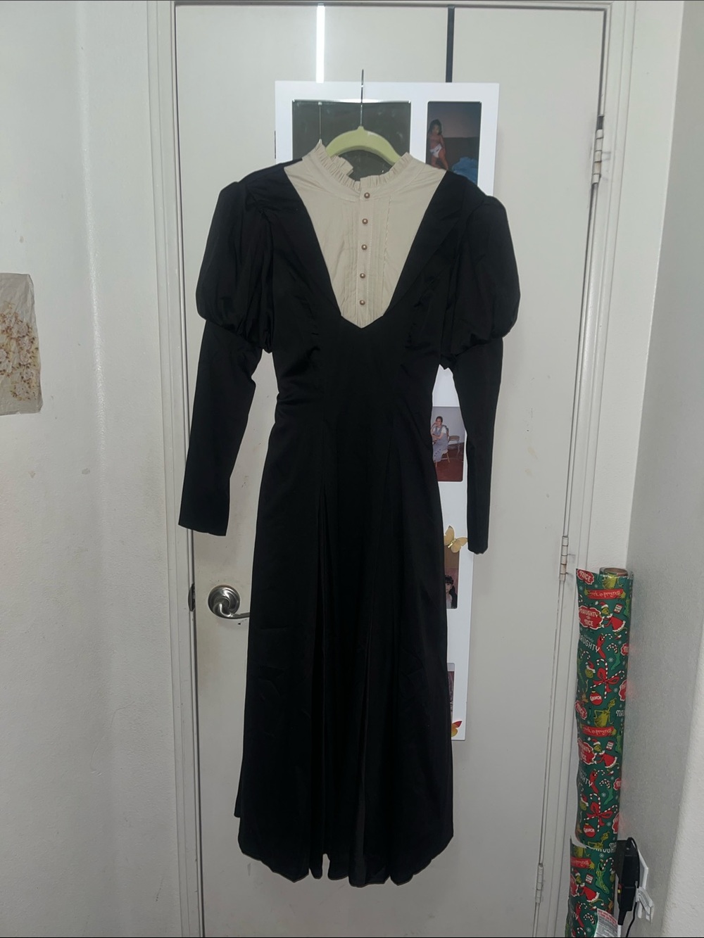 Lolita Black Dress with Cream Bib and Puff Shoulders